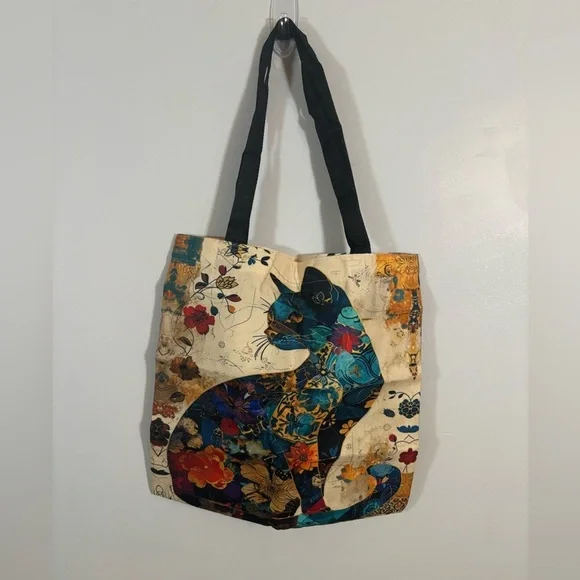 Colorful Cat Art Tote Bag – 16” x 15” Reusable Canvas Shoulder Bag - Picture 3 of 8